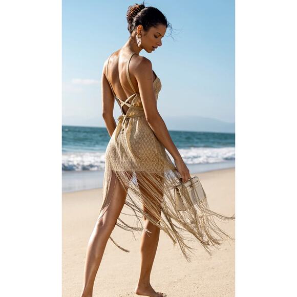 Luli Fama Dorada gold sheer fringe halter swim coverup - Picture 1 of 11